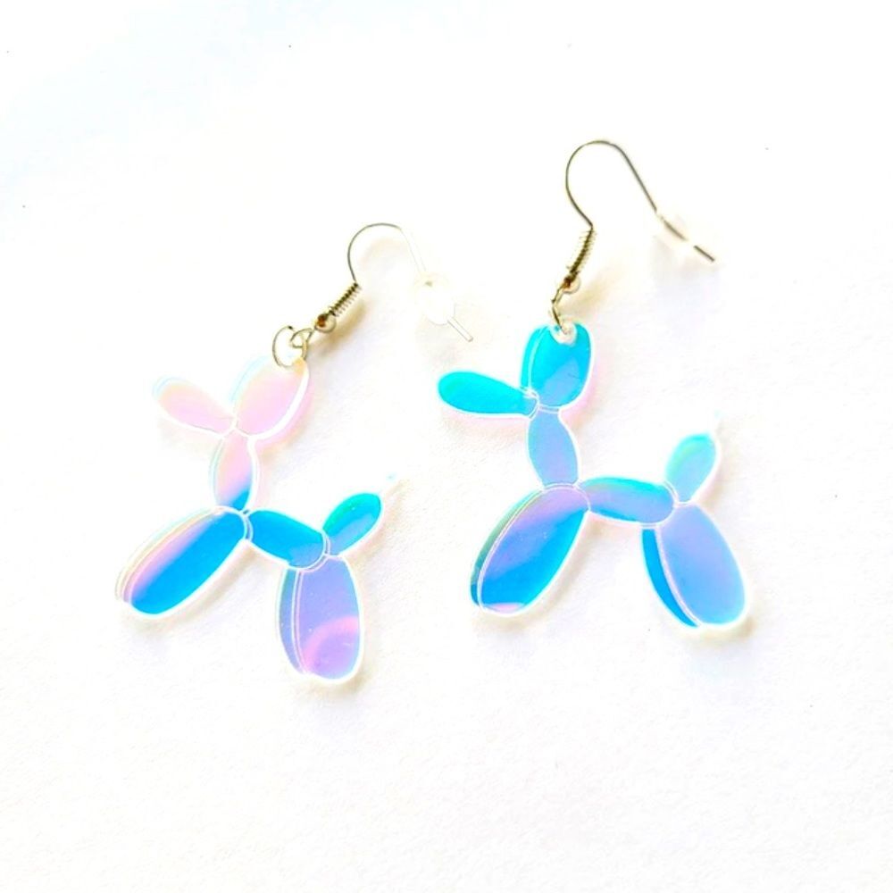 5/$25 Balloon Animal Dog Iridescent Mirrored Novelty Drop Earrings NWT